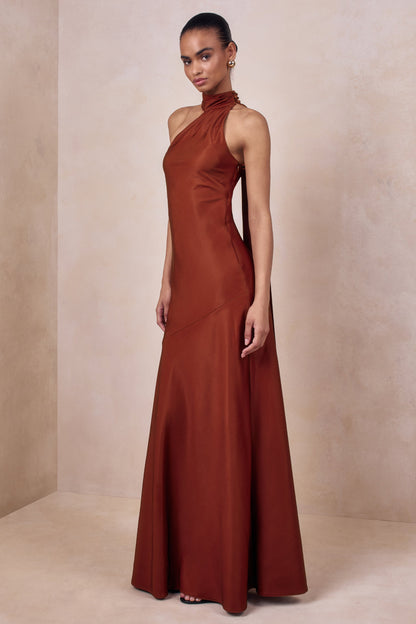 Cara | Rust Matte Satin High-Neck Maxi Dress