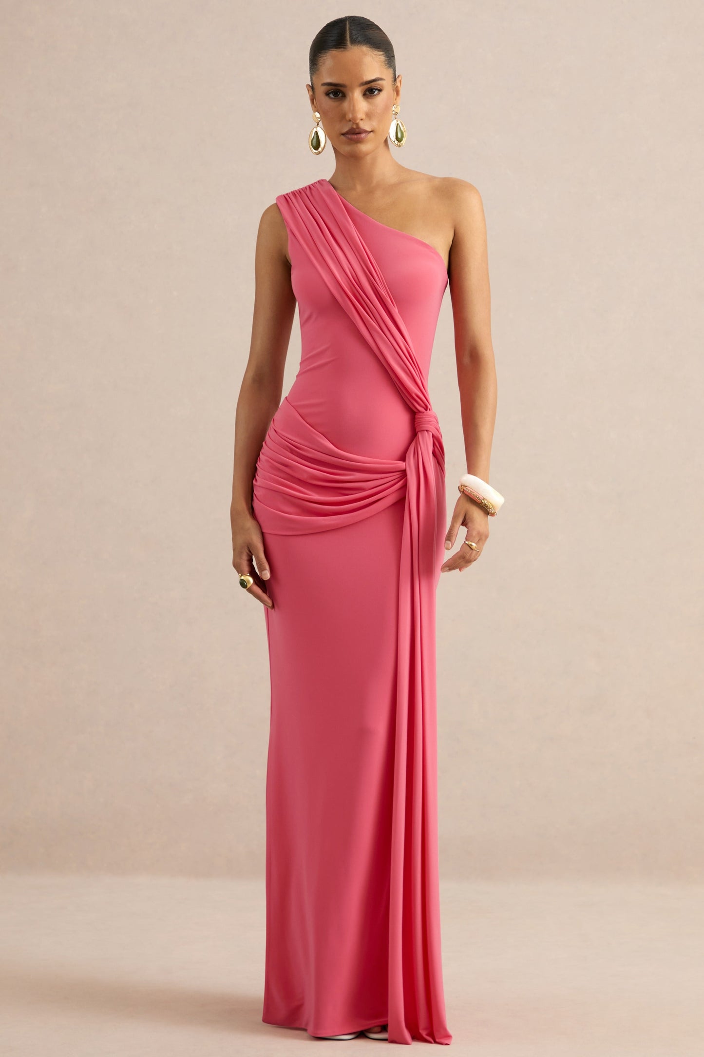 Lunoria | Coral Asymmetric-Neck Maxi Dress With Gathered-Detailing