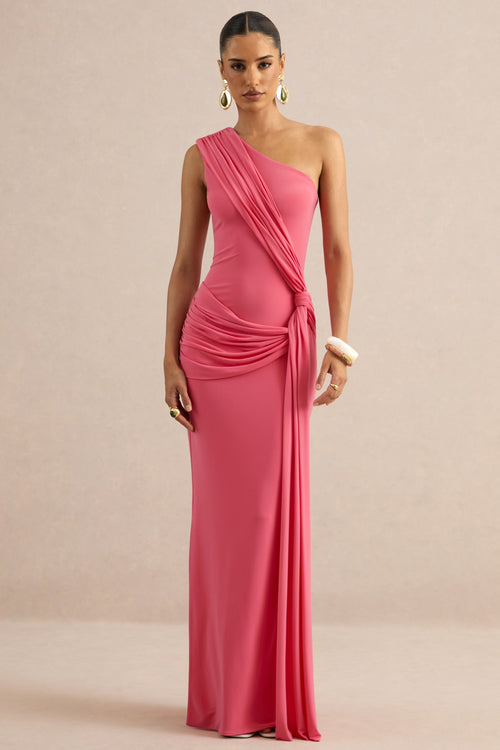 Lunoria | Coral Asymmetric-Neck Maxi Dress With Gathered-Detailing