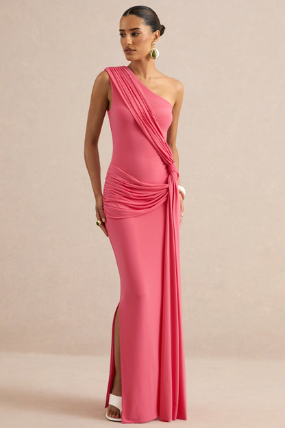 Lunoria | Coral Asymmetric-Neck Maxi Dress With Gathered-Detailing