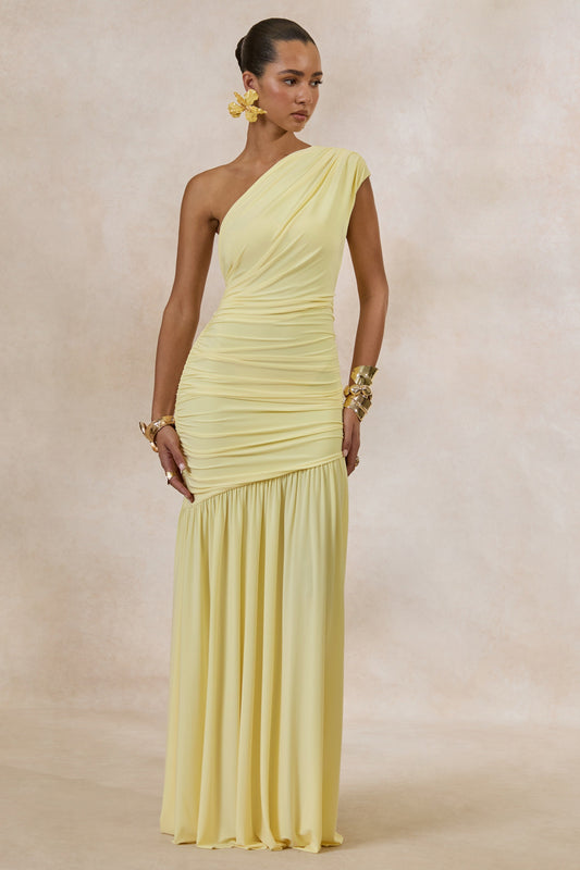 Alaya | Lemon Asymmetric-Neck Maxi Dress With Drop-Waist