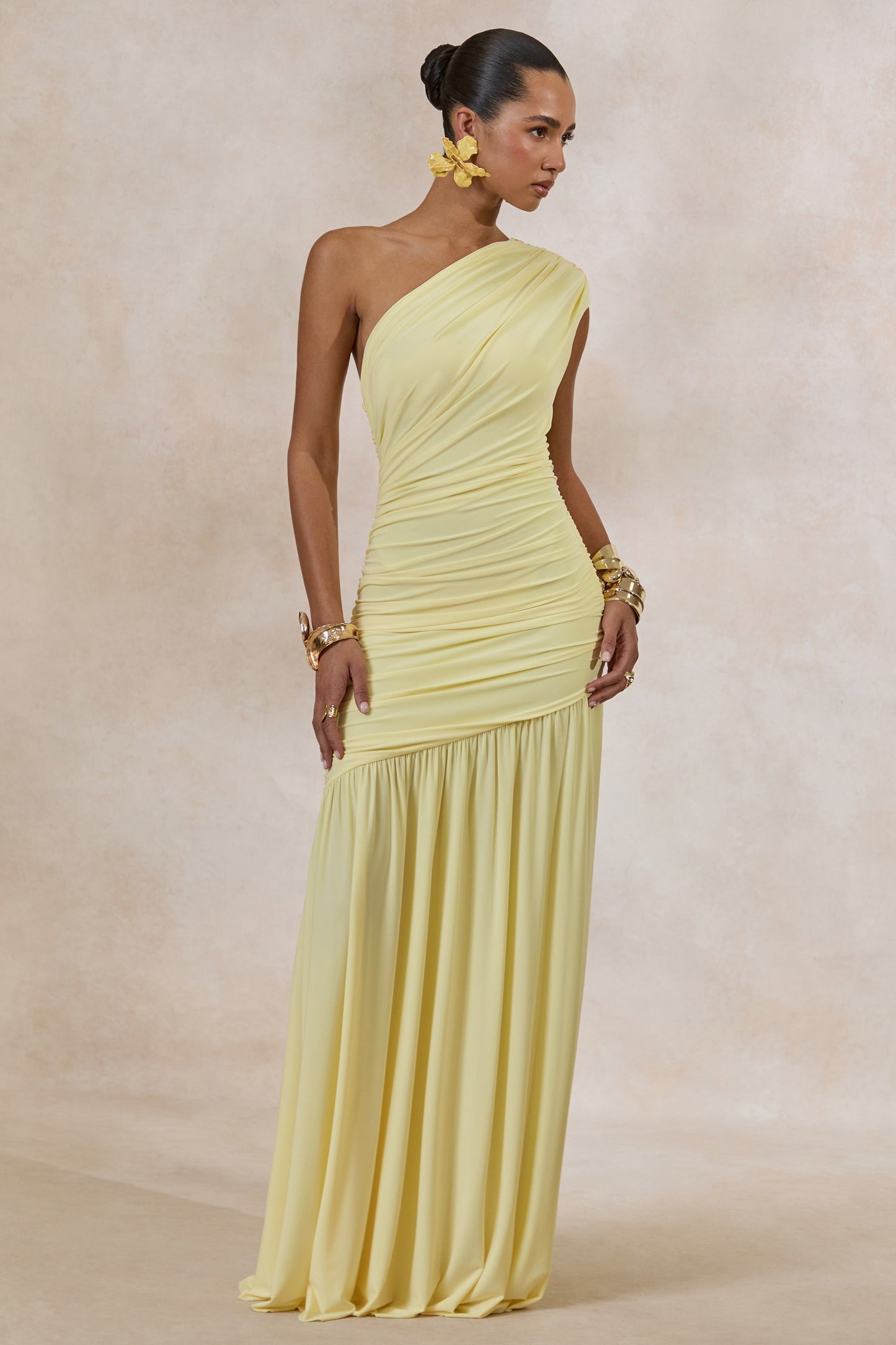 Alaya | Lemon Asymmetric-Neck Maxi Dress With Drop-Waist