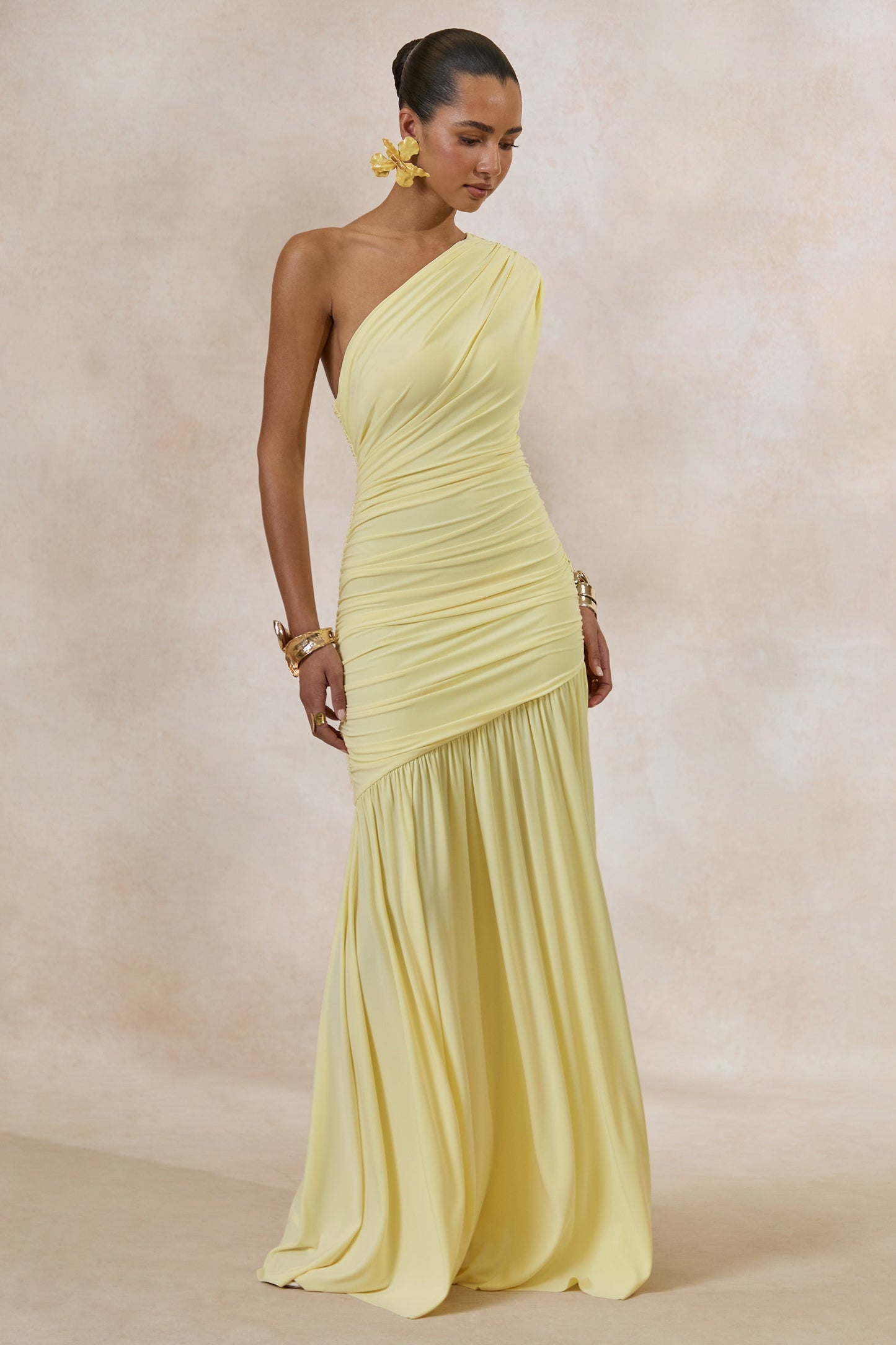 Alaya | Lemon Asymmetric-Neck Maxi Dress With Drop-Waist