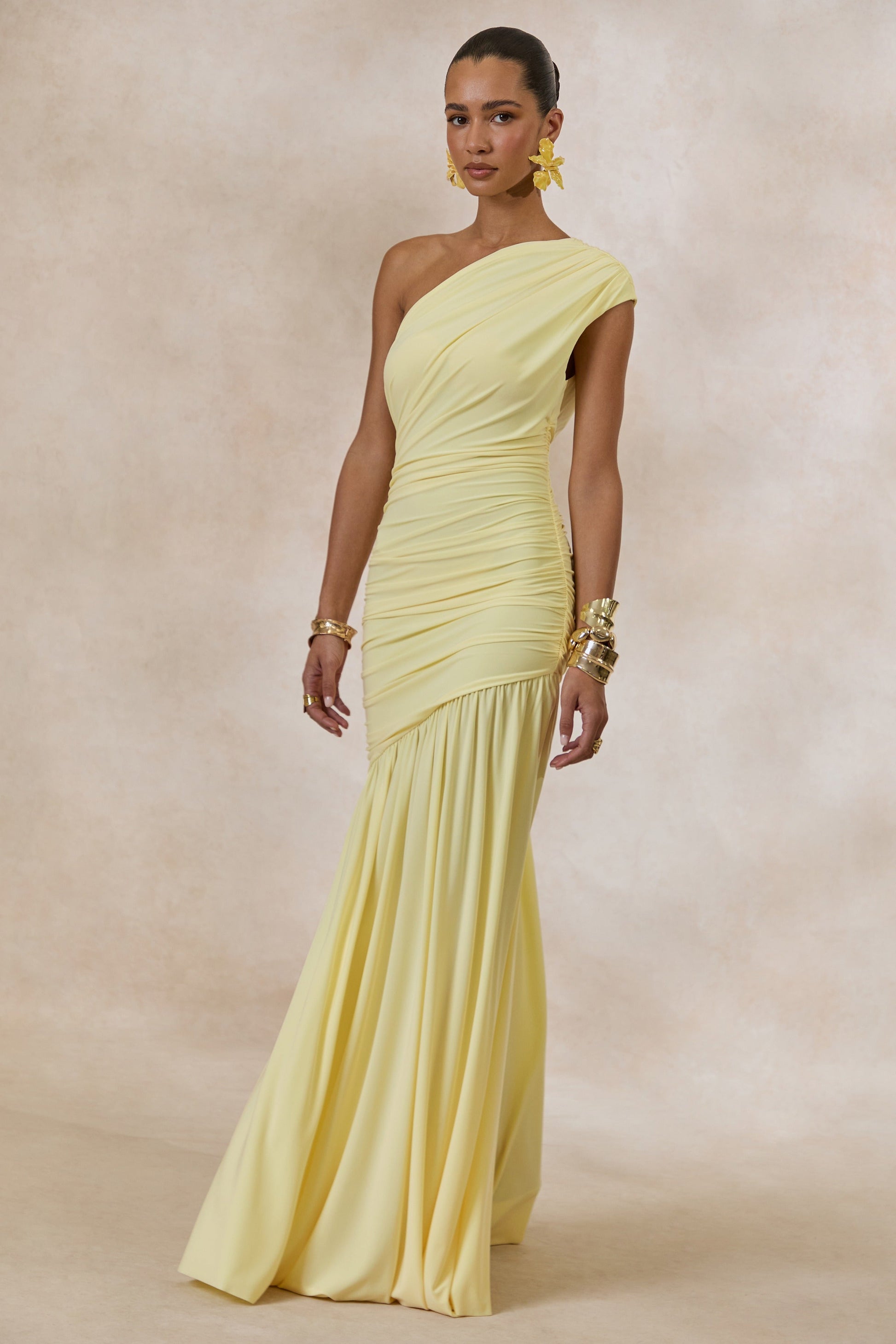 Alaya | Lemon Asymmetric-Neck Maxi Dress With Drop-Waist