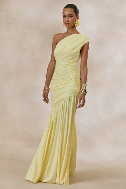 Alaya | Lemon Asymmetric-Neck Maxi Dress With Drop-Waist