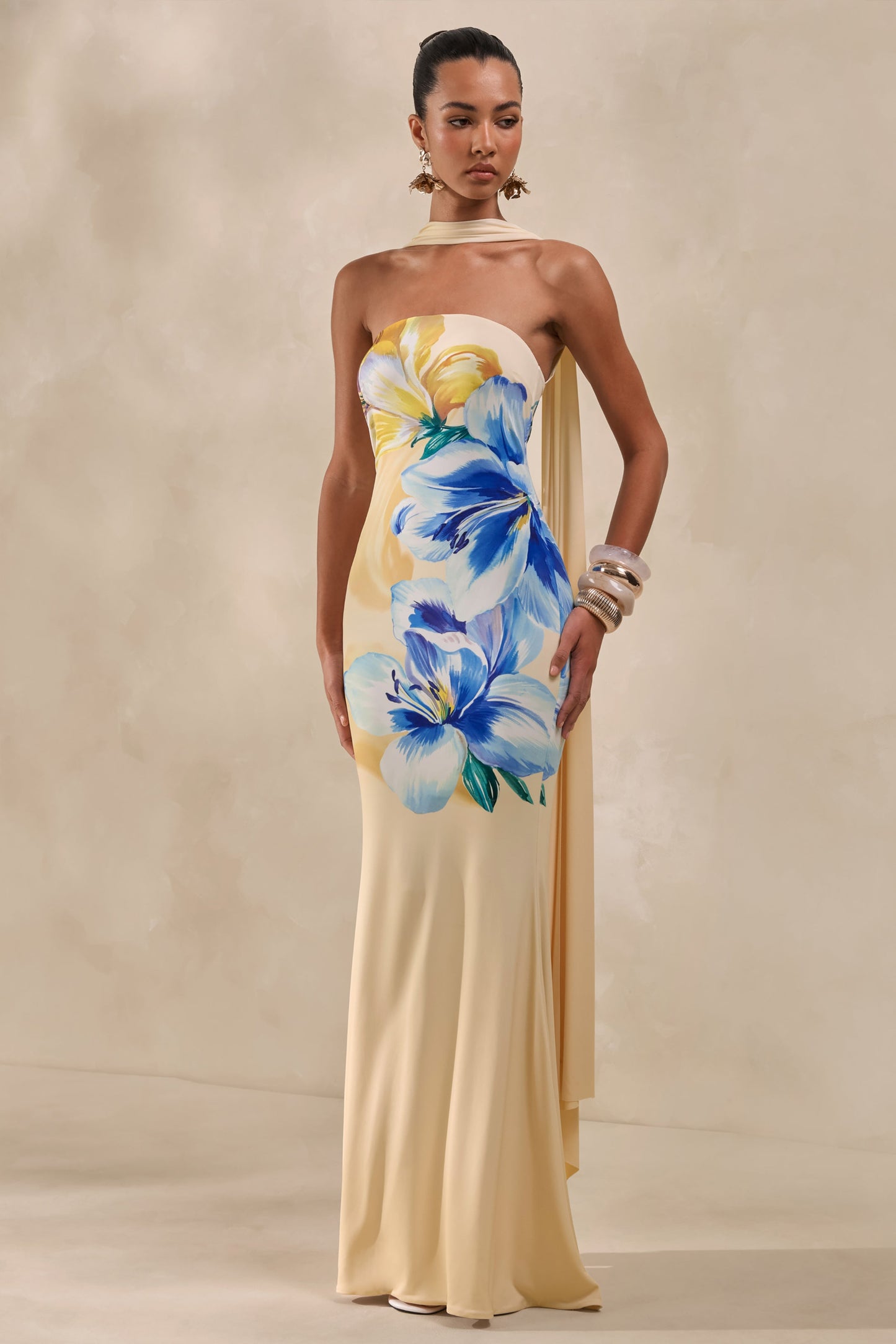 Brooke | Lemon And Blue Floral Print Bandeau Maxi Dress With Scarf