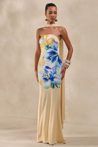Brooke | Lemon And Blue Floral Print Bandeau Maxi Dress With Scarf