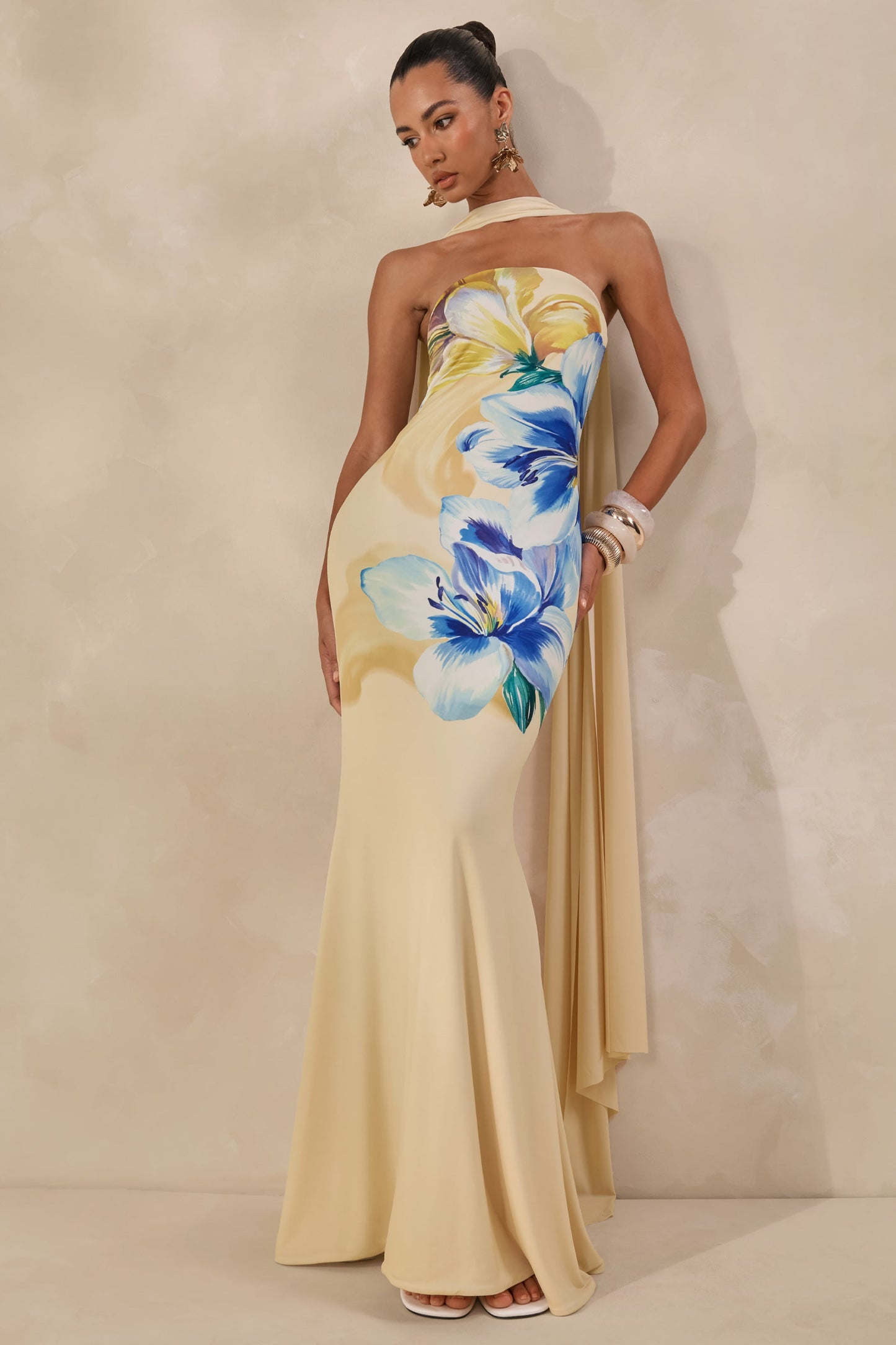 Brooke | Lemon And Blue Floral Print Bandeau Maxi Dress With Scarf