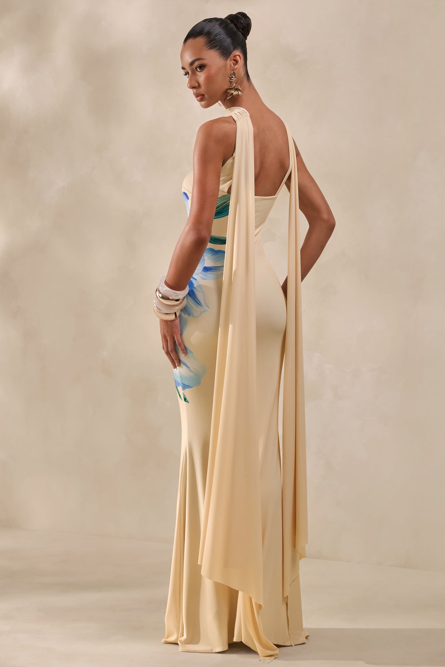 Brooke | Lemon And Blue Floral Print Bandeau Maxi Dress With Scarf