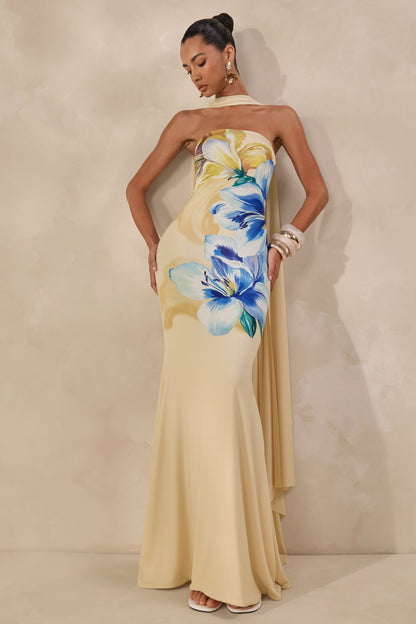 Brooke | Lemon And Blue Floral Print Bandeau Maxi Dress With Scarf