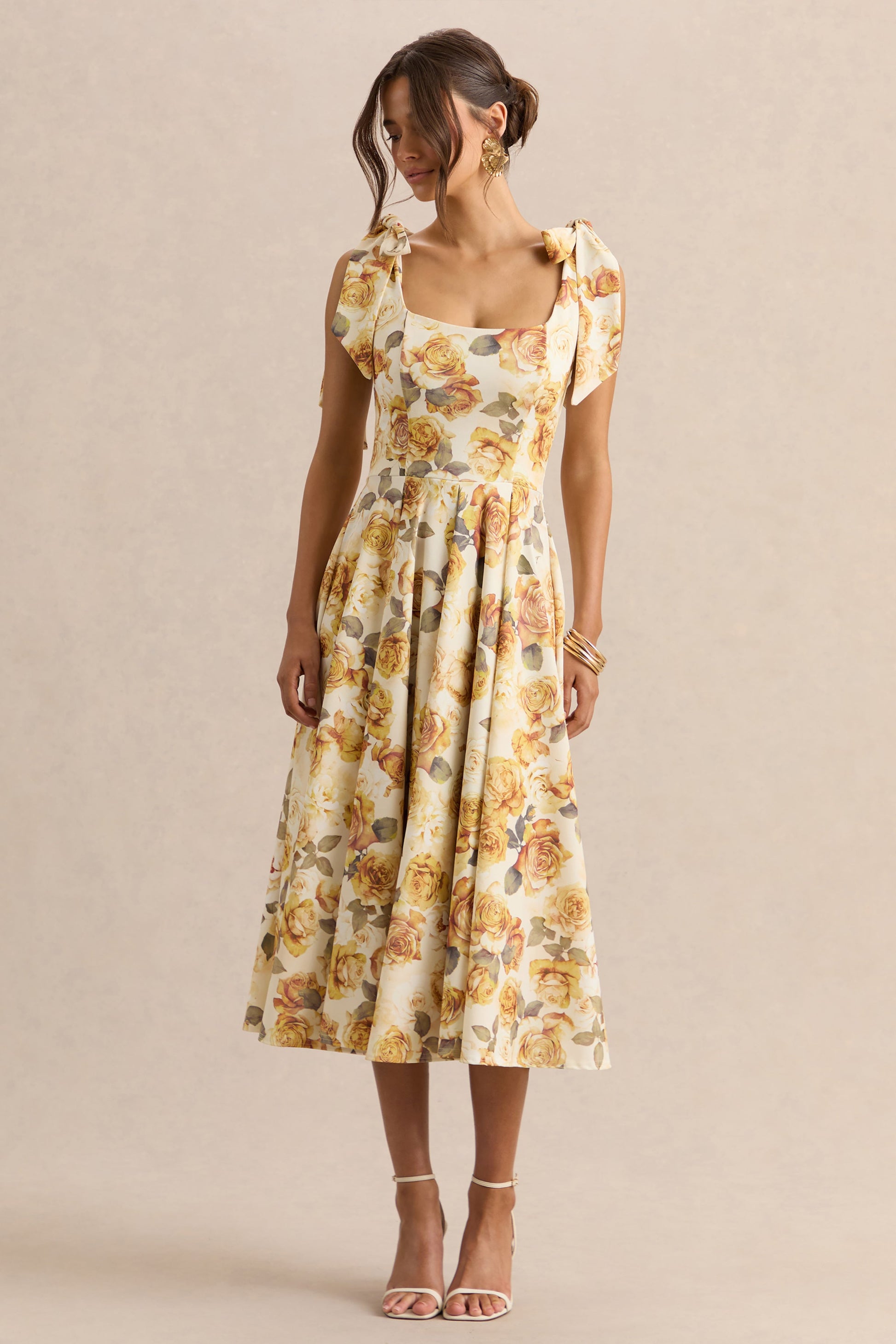 Mena | Lemon Rose Print Square-Neck Midi Dress With Bow Sleeves