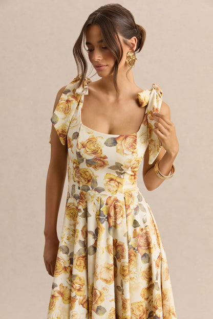 Mena | Lemon Rose Print Square-Neck Midi Dress With Bow Sleeves