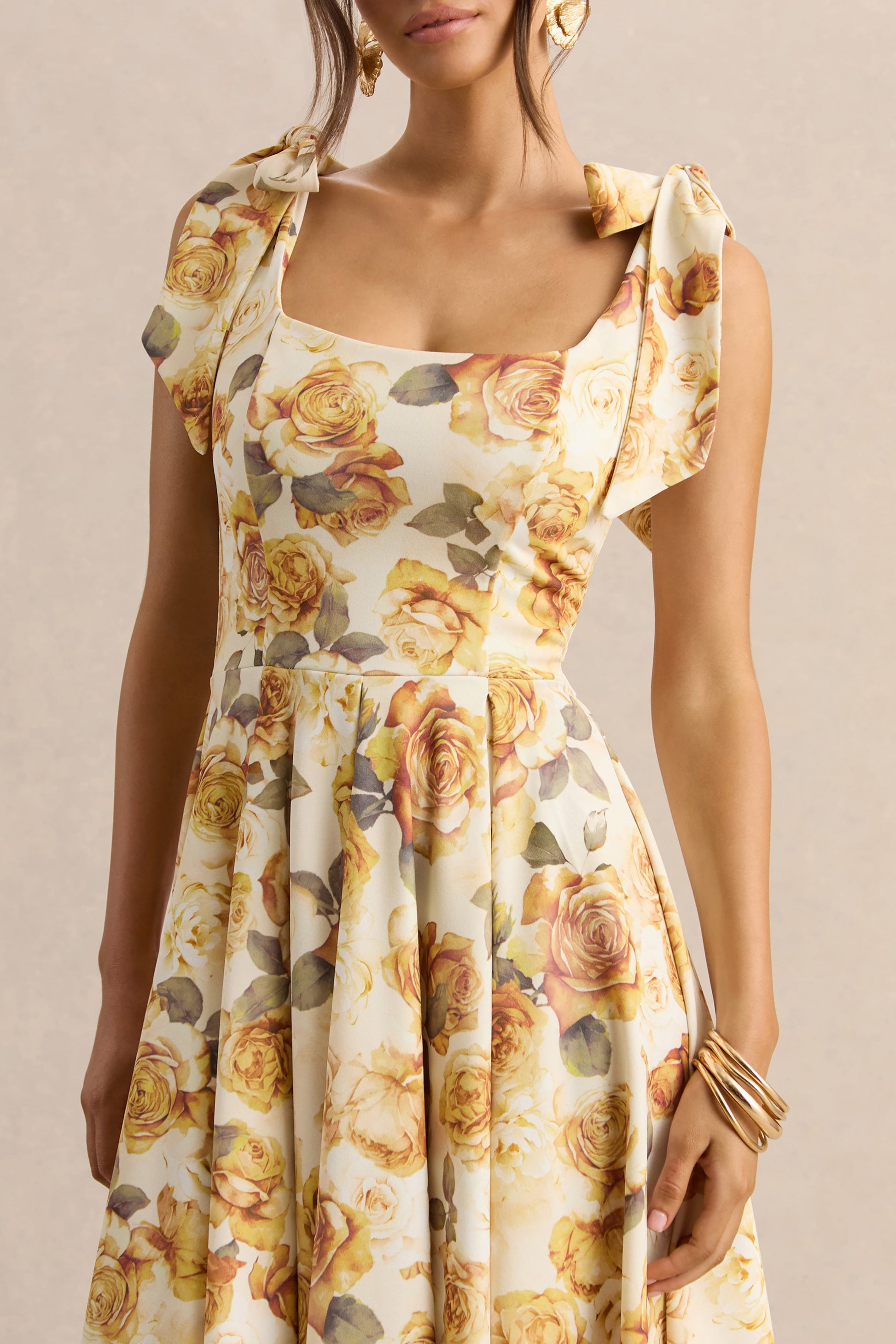 Mena | Lemon Rose Print Square-Neck Midi Dress With Bow Sleeves