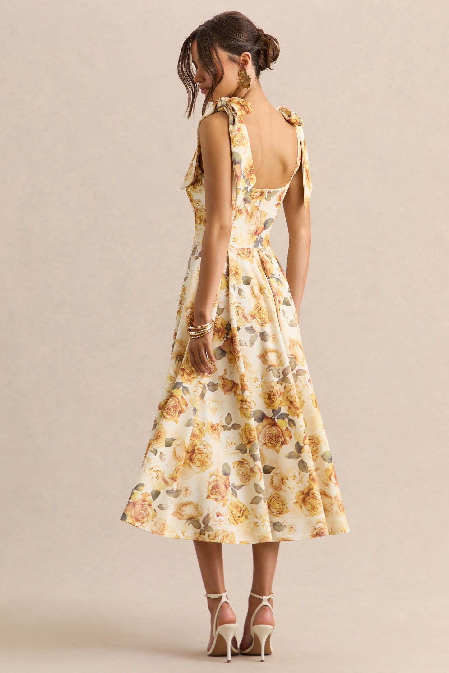 Mena | Lemon Rose Print Square-Neck Midi Dress With Bow Sleeves