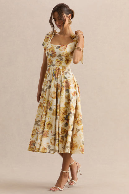 Mena | Lemon Rose Print Square-Neck Midi Dress With Bow Sleeves