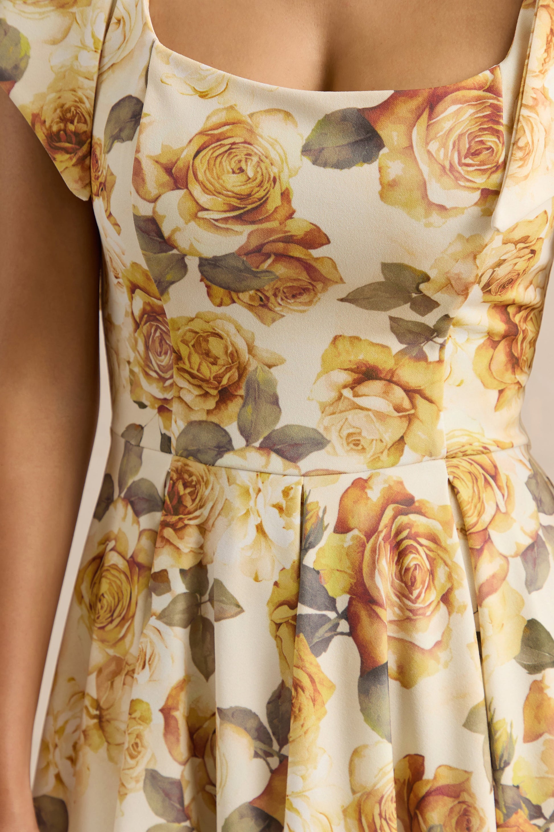 Mena | Lemon Rose Print Square-Neck Midi Dress With Bow Sleeves