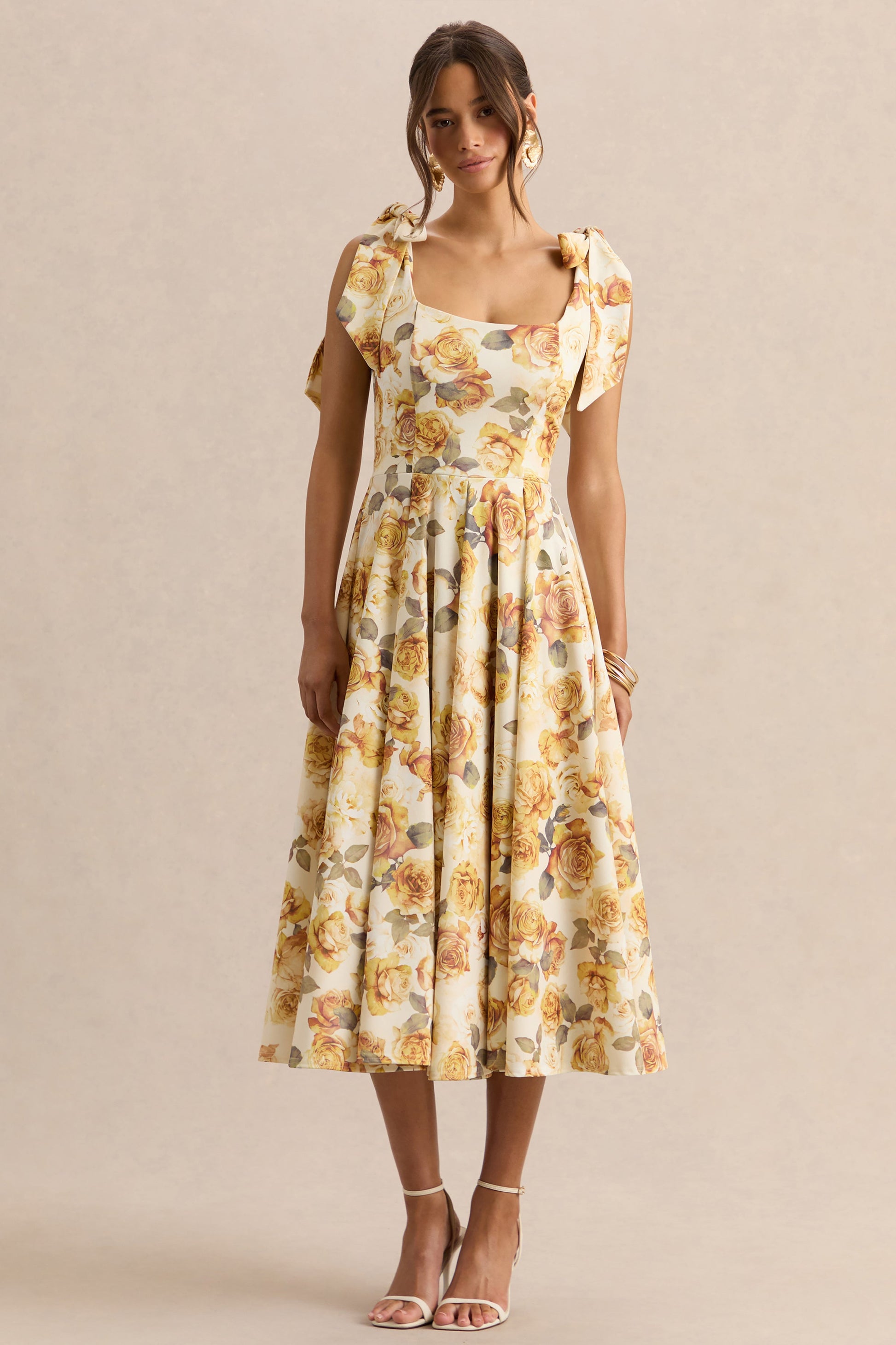 Mena | Lemon Rose Print Square-Neck Midi Dress With Bow Sleeves