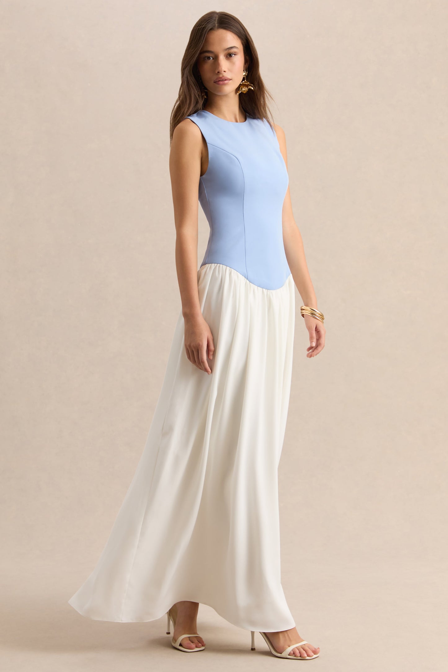Iliana | Powder Blue And White Crew-Neck Maxi Dress With Drop-Waist And Pleated Skirt