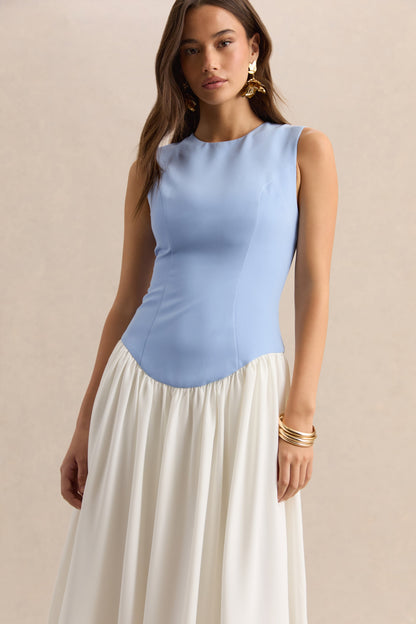 Iliana | Powder Blue And White Crew-Neck Maxi Dress With Drop-Waist And Pleated Skirt