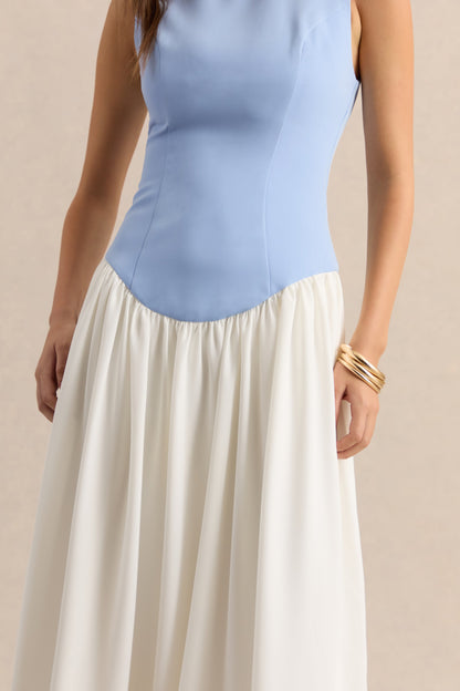 Iliana | Powder Blue And White Crew-Neck Maxi Dress With Drop-Waist And Pleated Skirt