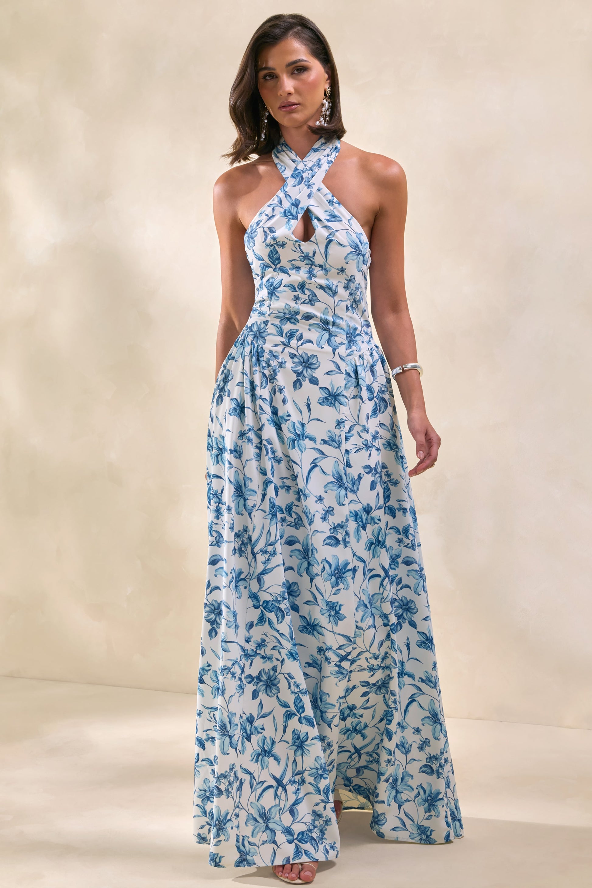 Liana | Blue Porcelain Print Halter-Neck Maxi Dress