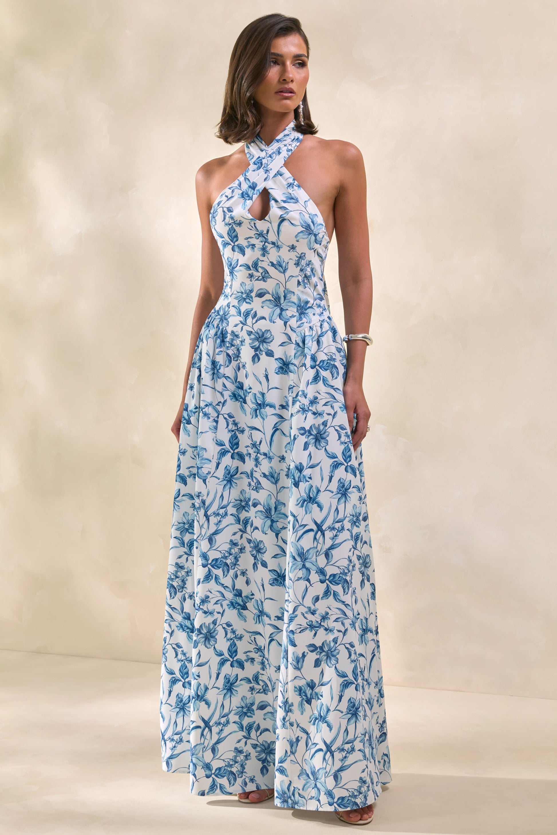 Liana | Blue Porcelain Print Halter-Neck Maxi Dress