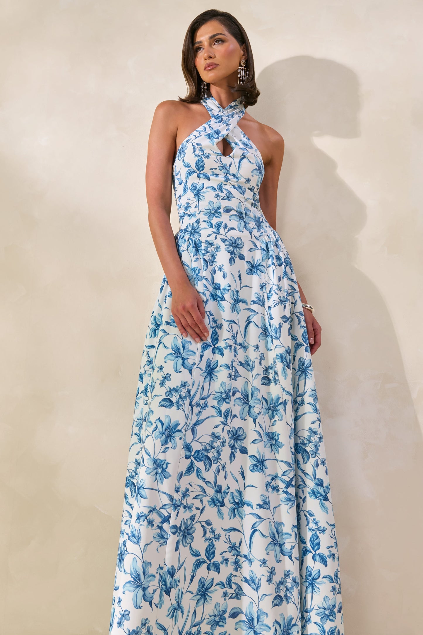 Liana | Blue Porcelain Print Halter-Neck Maxi Dress