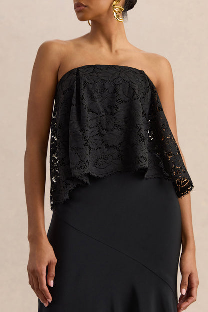 Clemency | Black Lace And Matte Satin Bandeau Maxi Dress