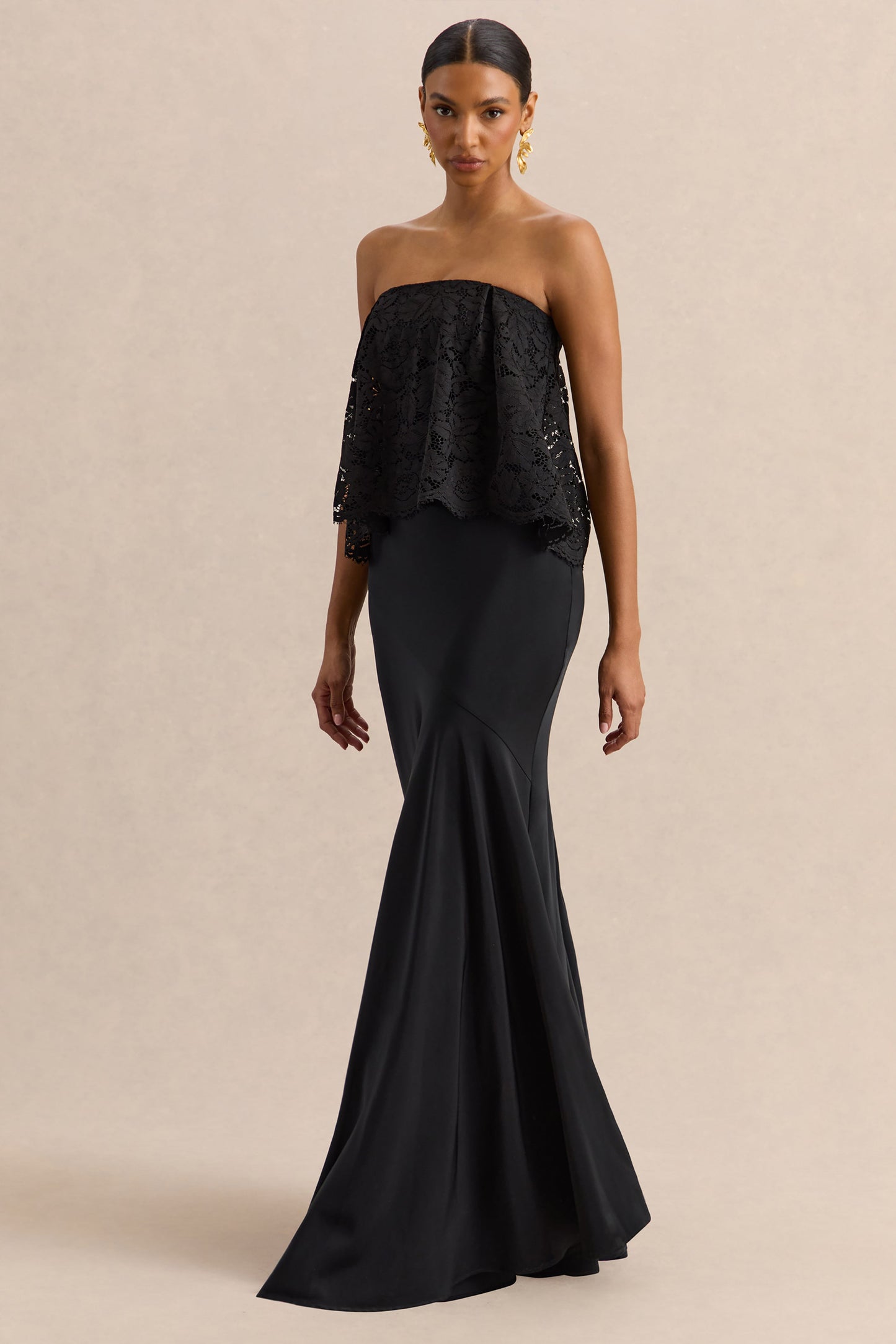 Clemency | Black Lace And Matte Satin Bandeau Maxi Dress
