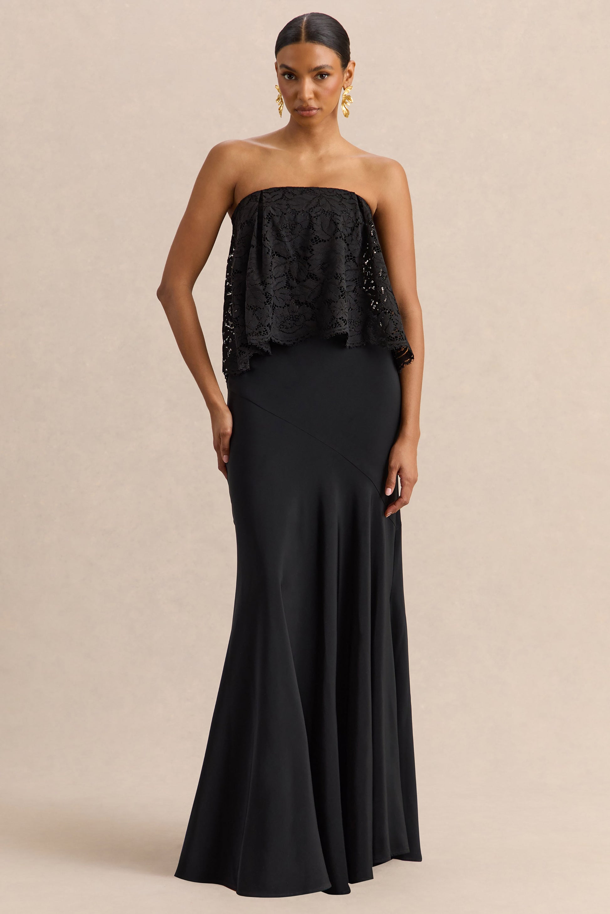 Clemency | Black Lace And Matte Satin Bandeau Maxi Dress