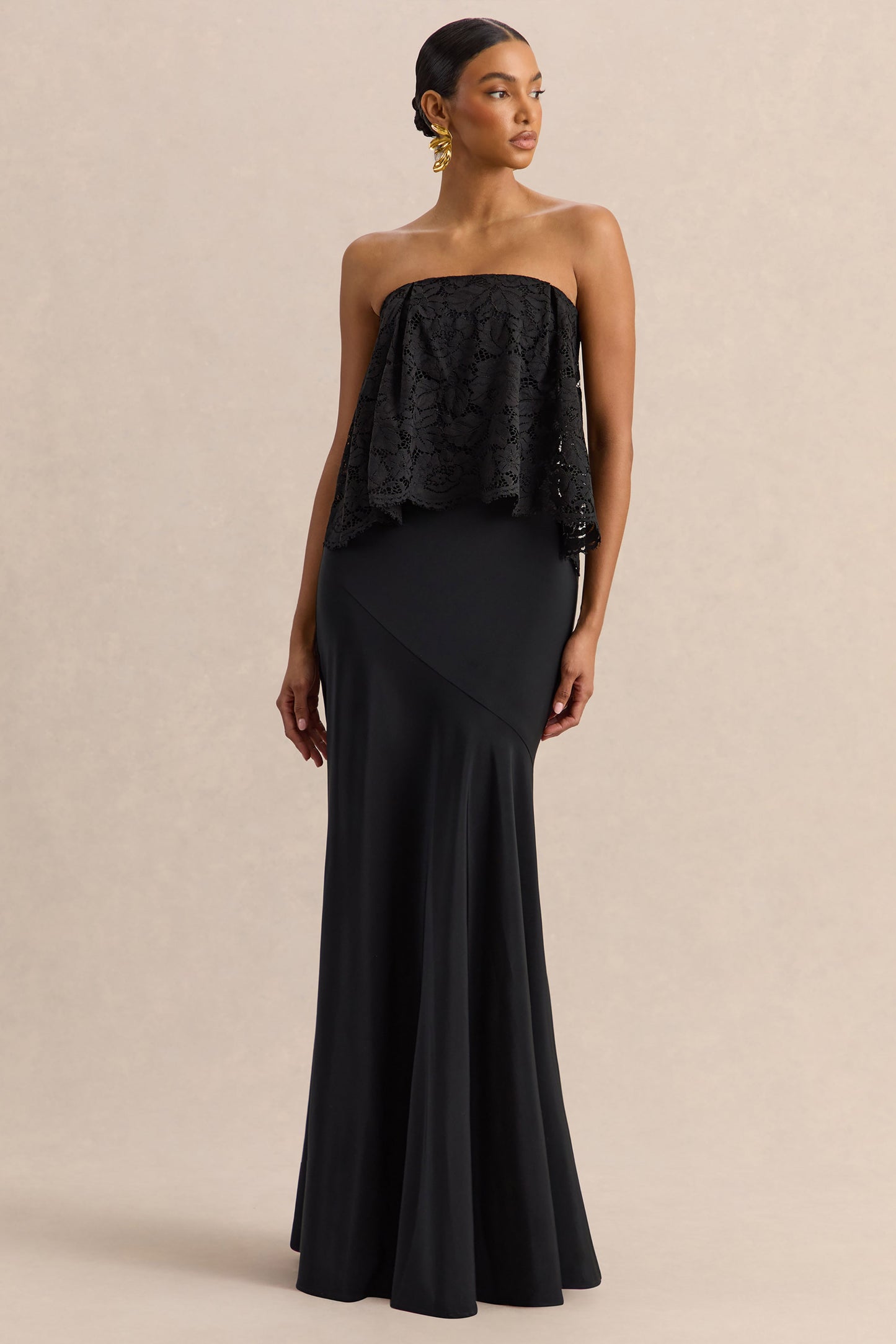 Clemency | Black Lace And Matte Satin Bandeau Maxi Dress