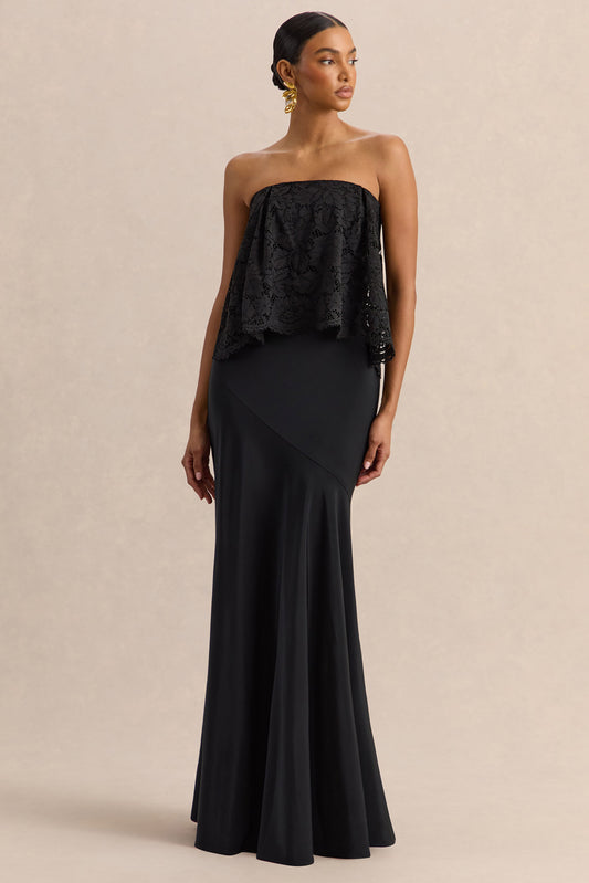 Clemency | Black Lace And Matte Satin Bandeau Maxi Dress