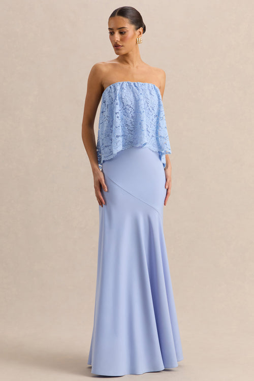 Clemency | Powder Blue Lace And Matte Satin Bandeau Maxi Dress