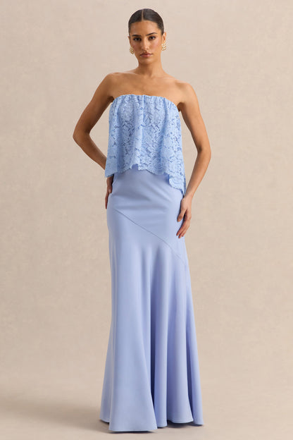 Clemency | Powder Blue Lace And Matte Satin Bandeau Maxi Dress