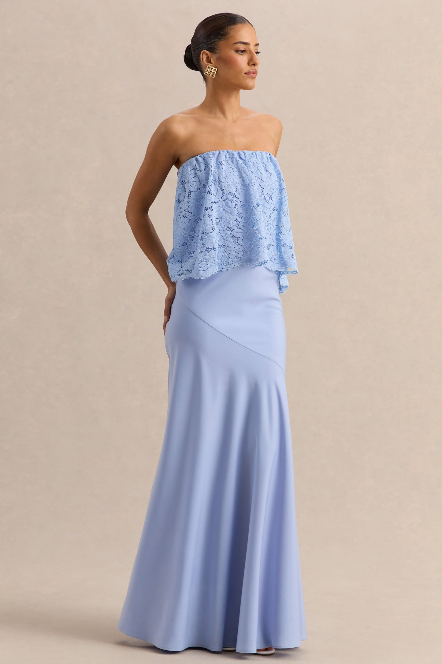 Clemency | Powder Blue Lace And Matte Satin Bandeau Maxi Dress