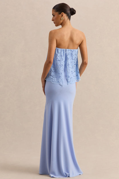 Clemency | Powder Blue Lace And Matte Satin Bandeau Maxi Dress