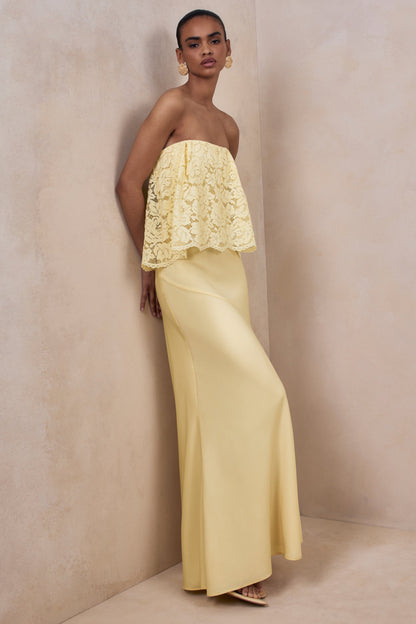 Clemency | Lemon Lace And Matte Satin Bandeau Maxi Dress