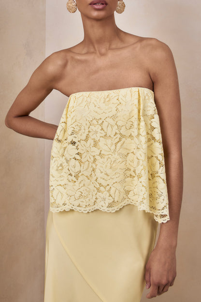 Clemency | Lemon Lace And Matte Satin Bandeau Maxi Dress