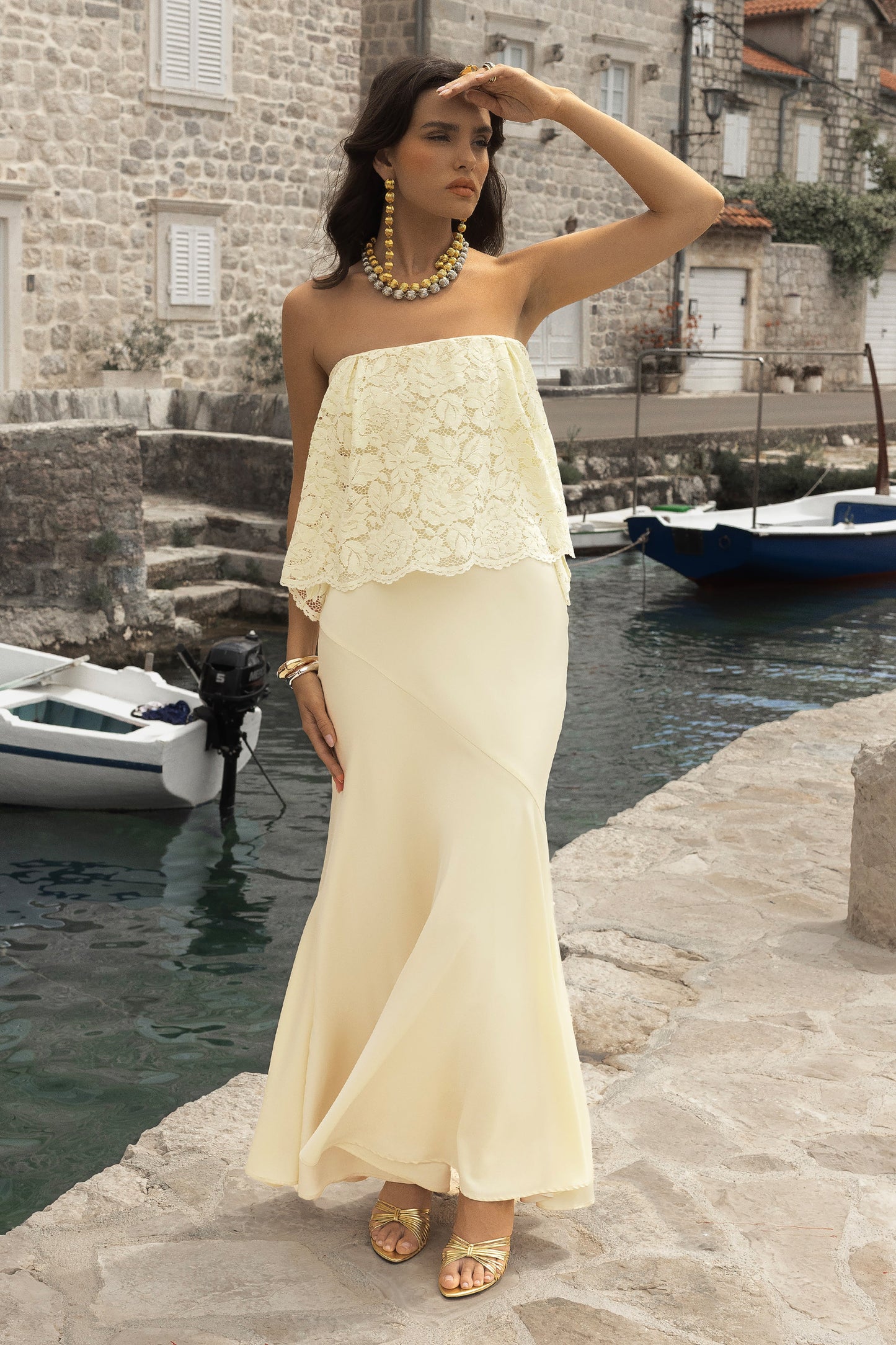 Clemency | Lemon Lace And Matte Satin Bandeau Maxi Dress