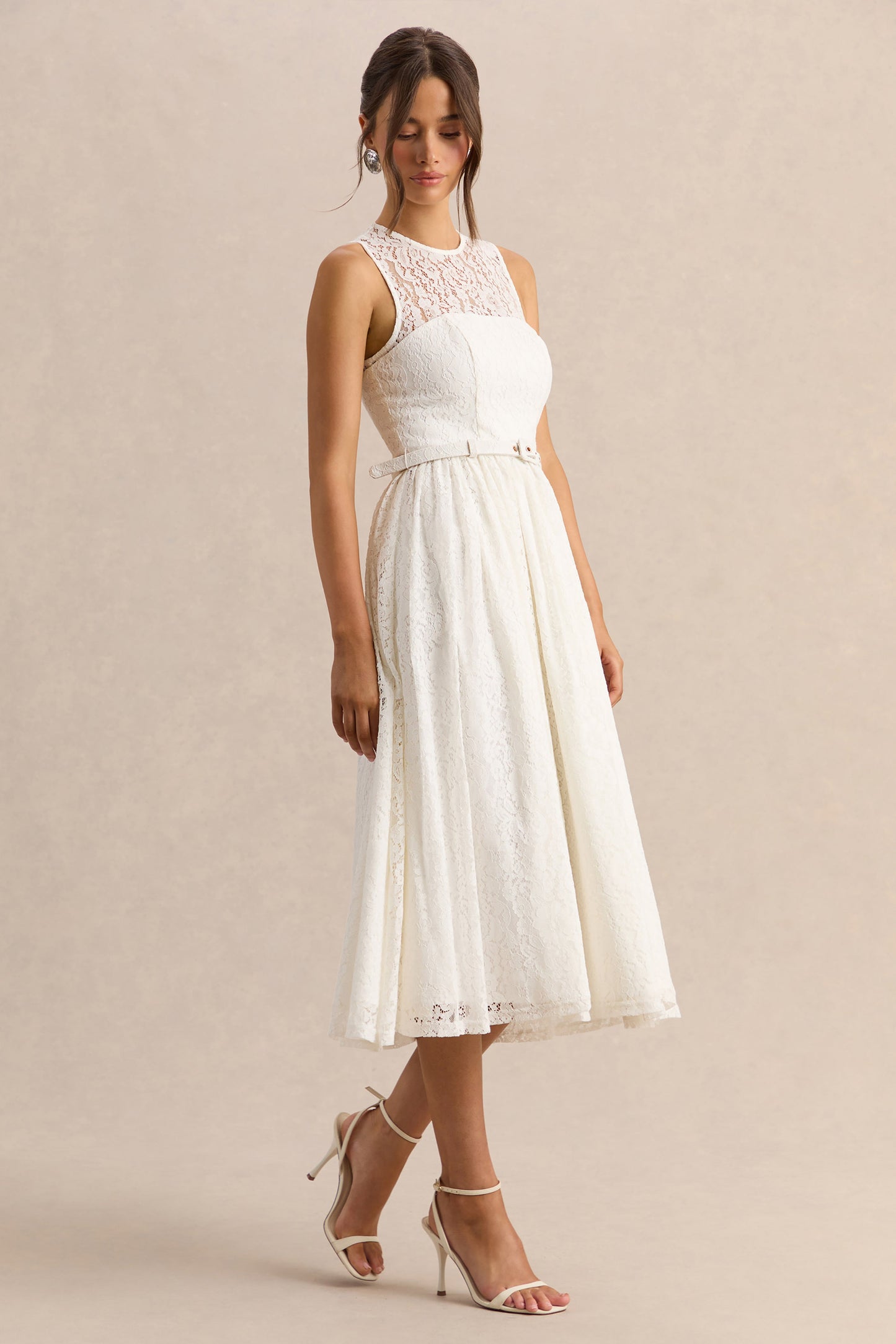 Anabella | White Lace Crew-Neck Belted Midi-Dress