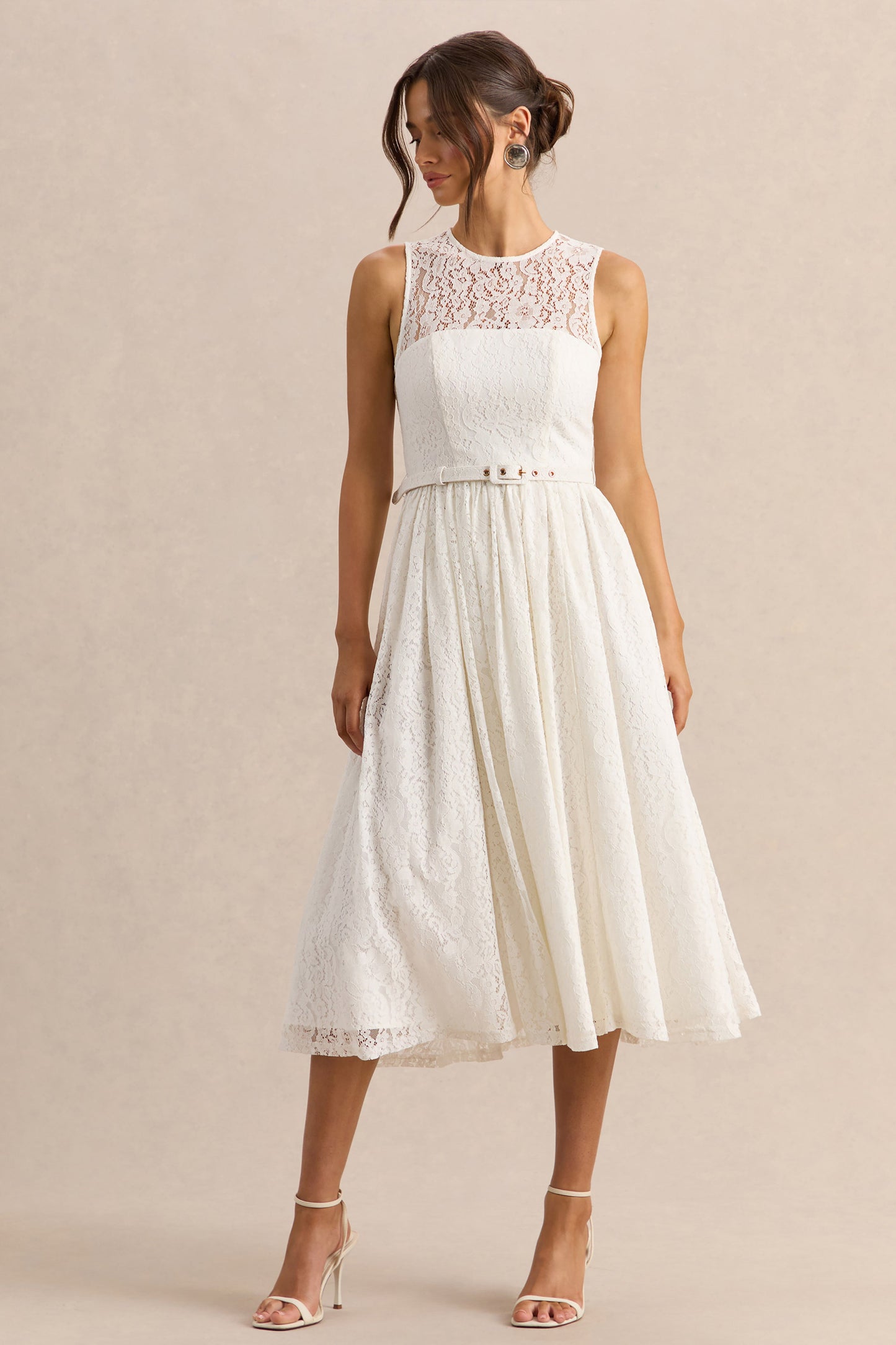 Anabella | White Lace Crew-Neck Belted Midi-Dress