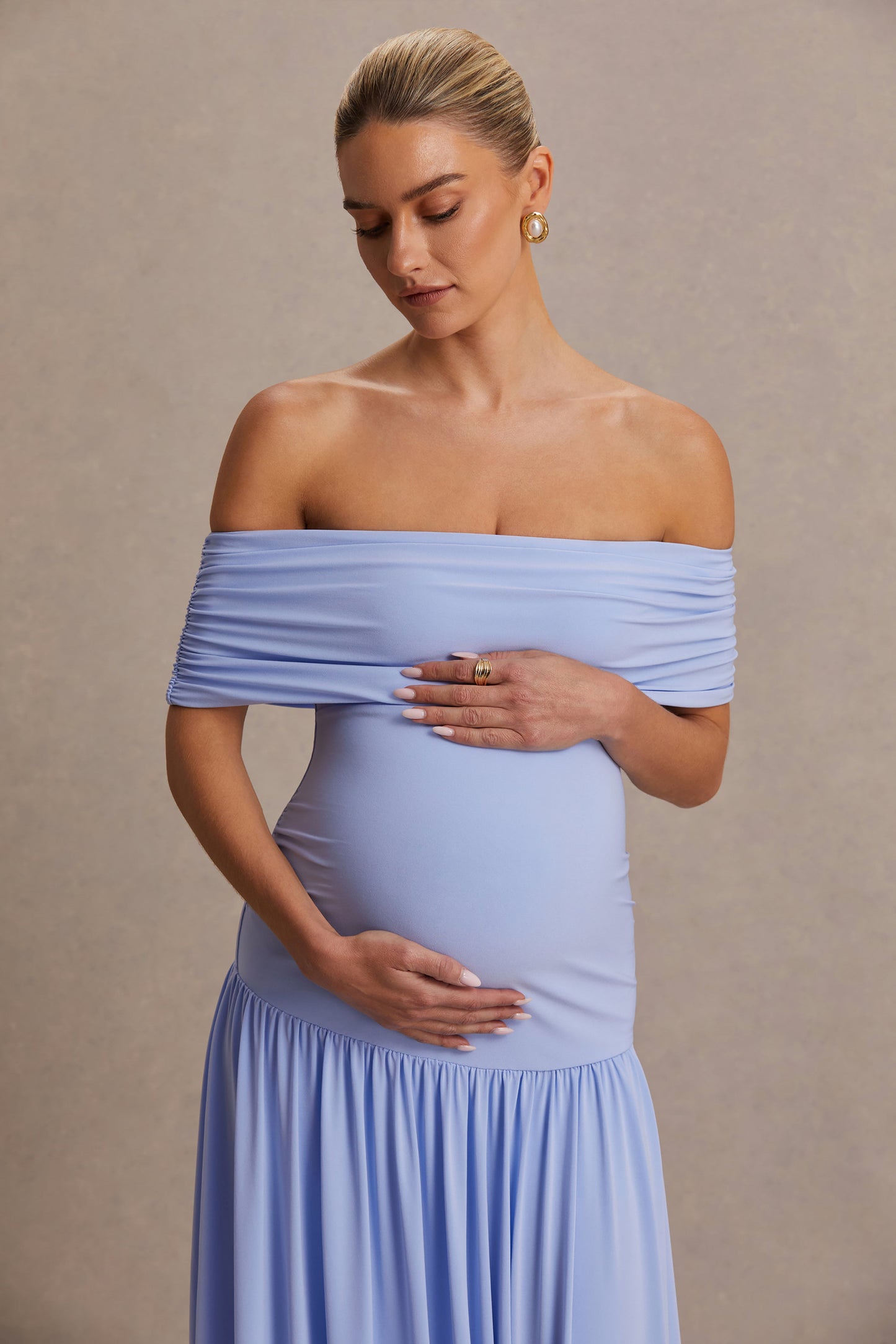 Juliette | Powder Blue Bardot-Neck Maternity Maxi Dress With Drop-Waist
