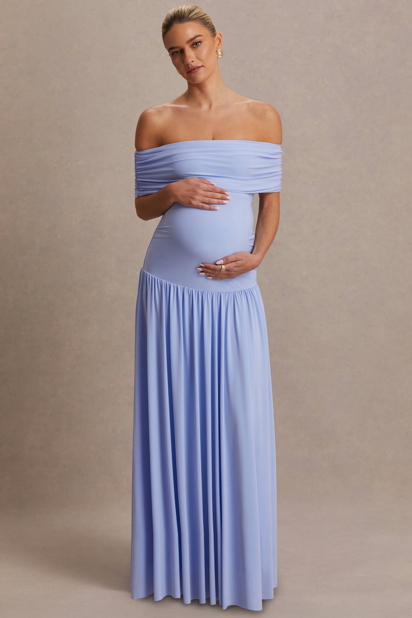 Juliette | Powder Blue Bardot-Neck Maternity Maxi Dress With Drop-Waist