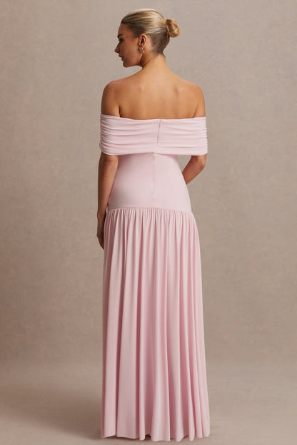 Juliette | Blush Pink Bardot-Neck Maternity Maxi Dress With Drop-Waist