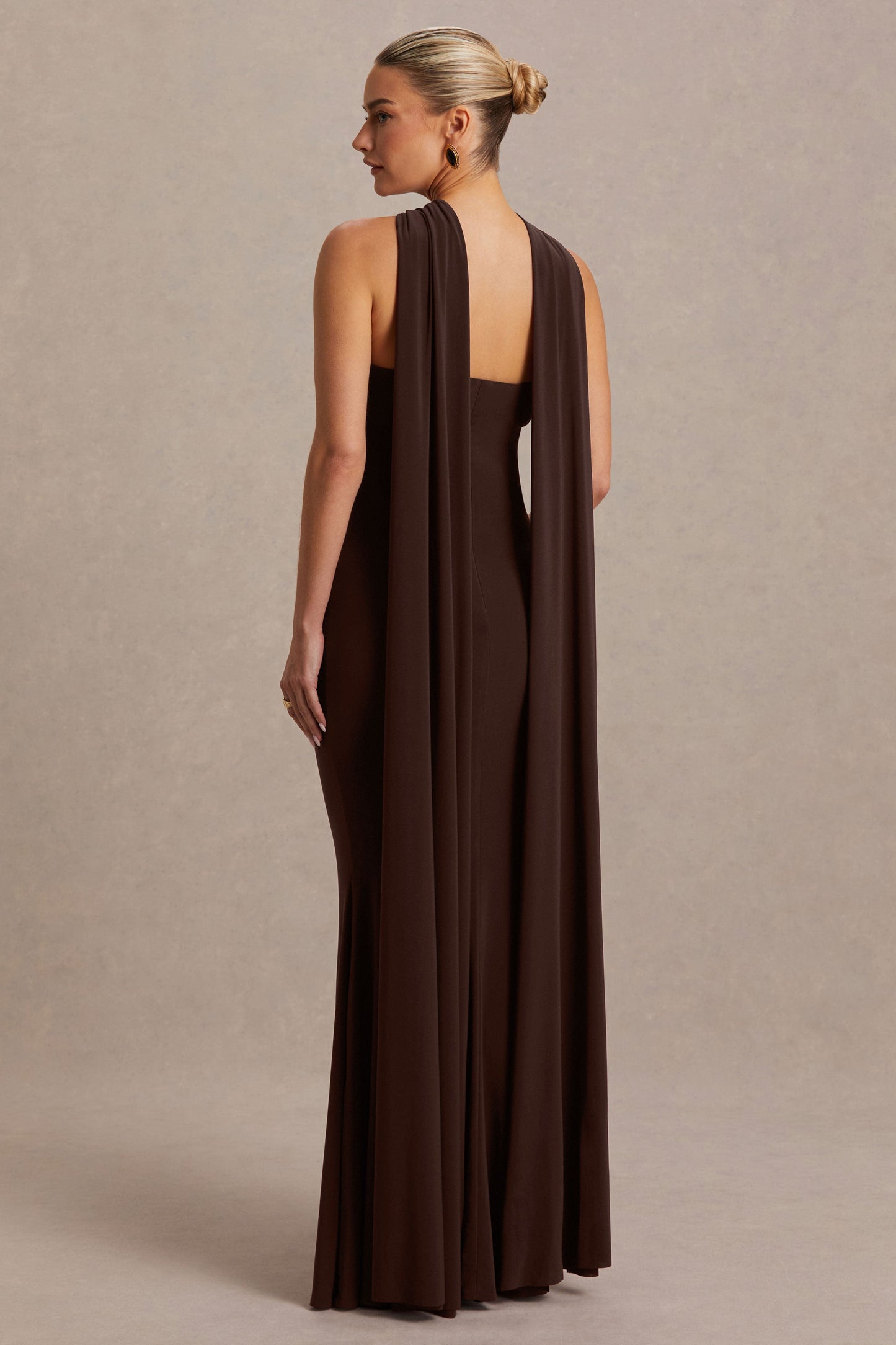 Lyra | Brown Cross Halter-Neck Maternity Maxi Dress With Cape