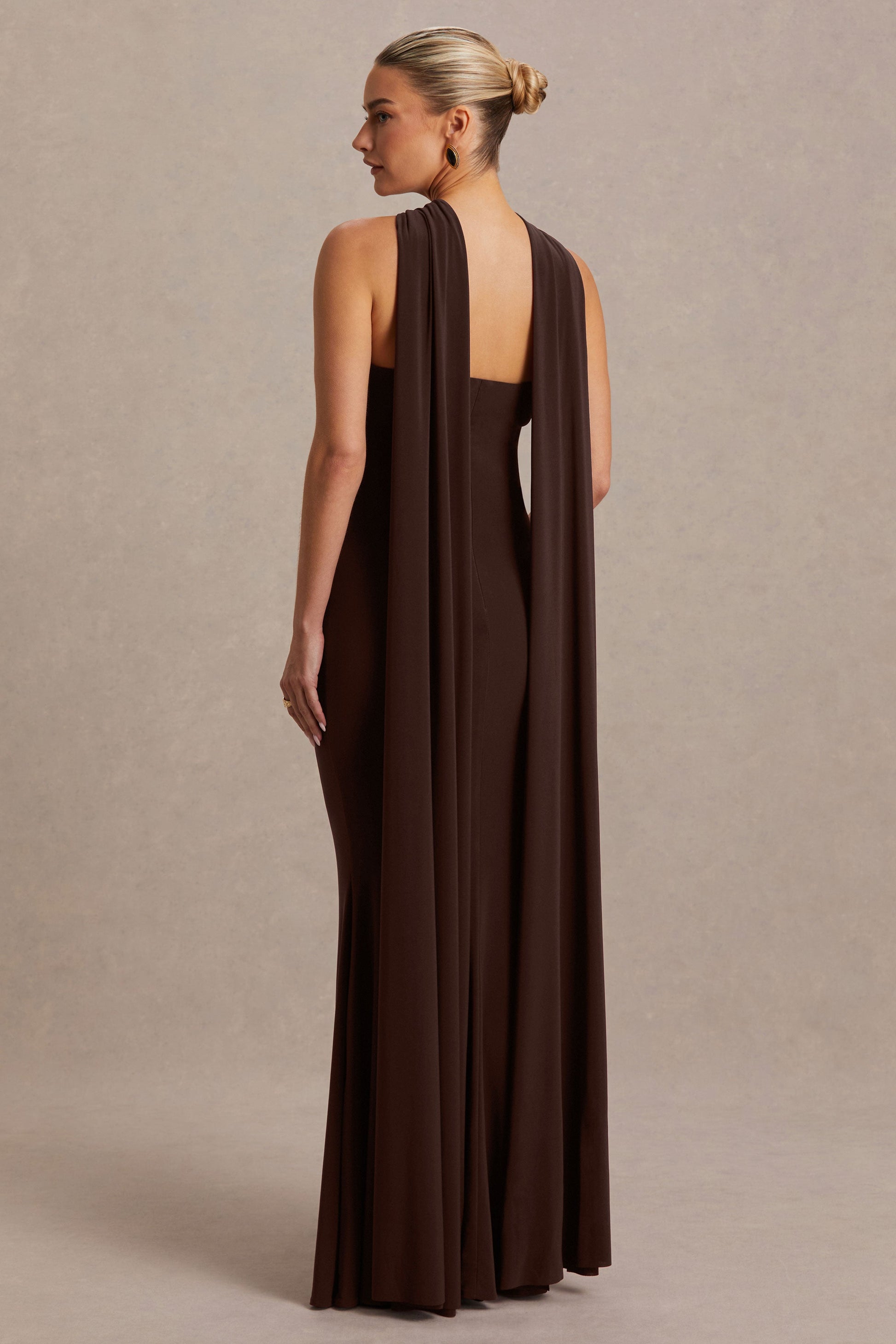 Lyra | Brown Cross Halter-Neck Maternity Maxi Dress With Cape