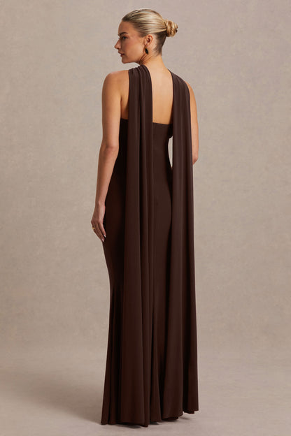 Lyra | Brown Cross Halter-Neck Maternity Maxi Dress With Cape