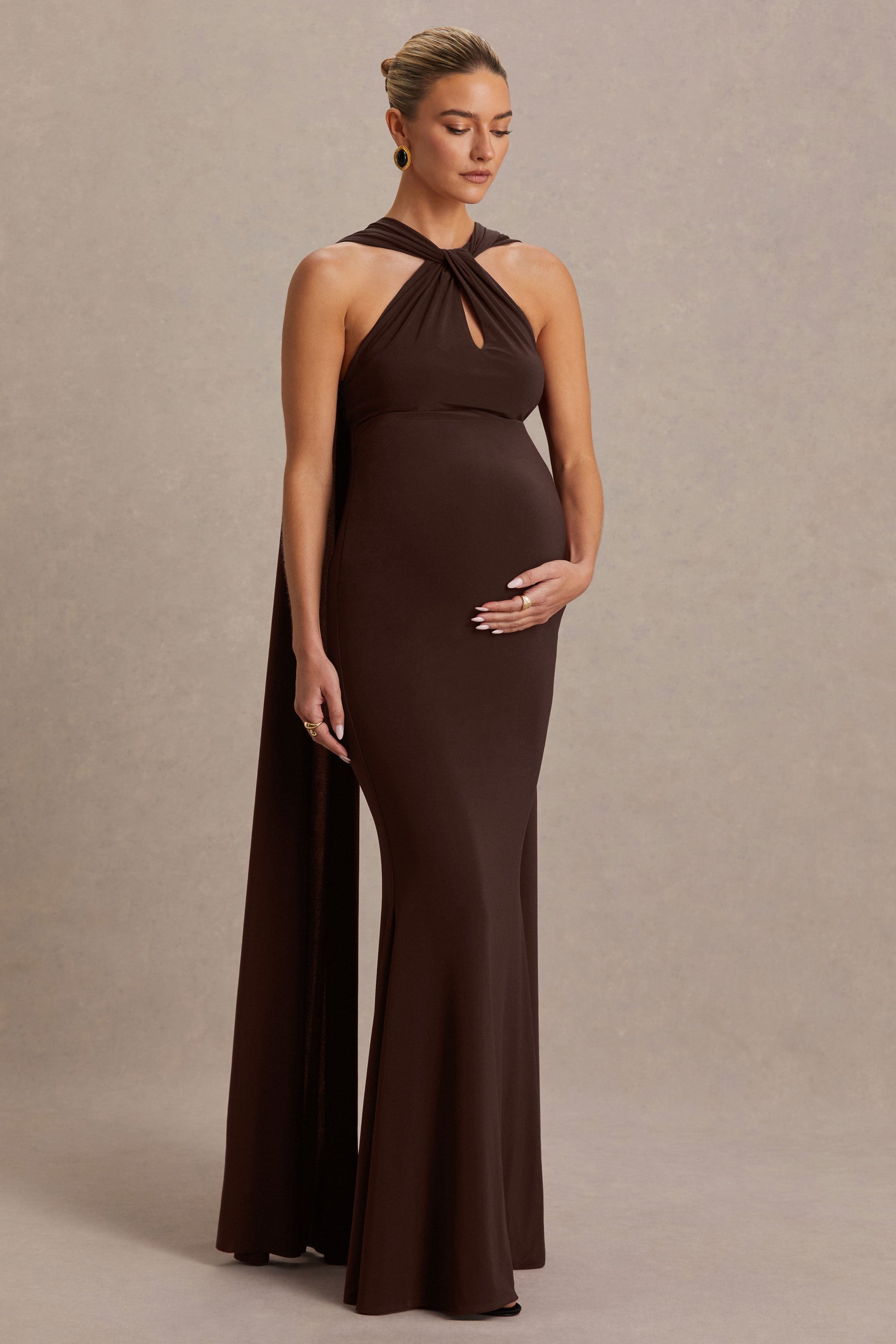 Lyra | Brown Cross Halter-Neck Maternity Maxi Dress With Cape