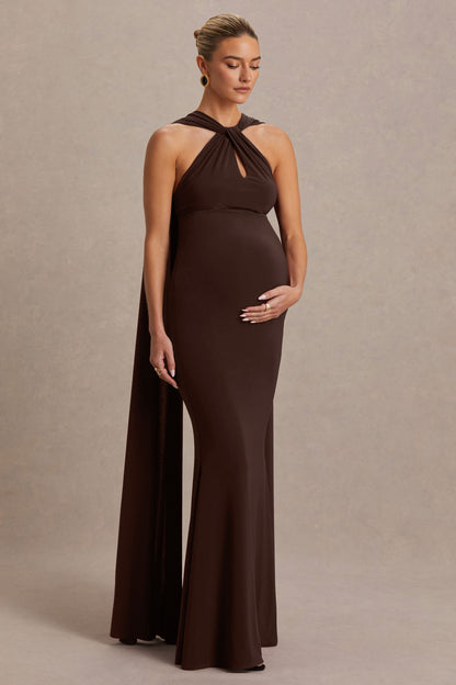 Lyra | Brown Cross Halter-Neck Maternity Maxi Dress With Cape