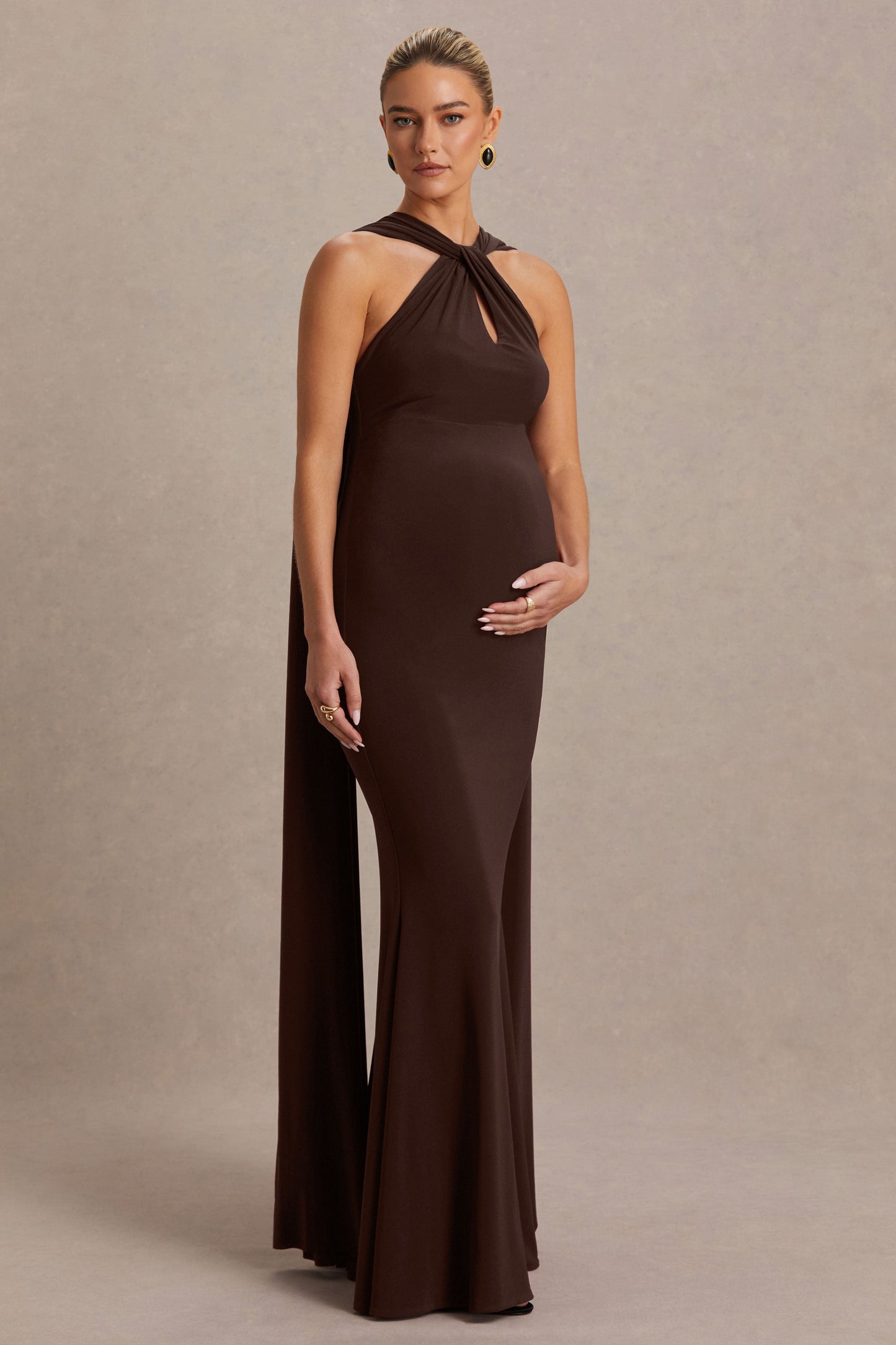 Lyra | Brown Cross Halter-Neck Maternity Maxi Dress With Cape